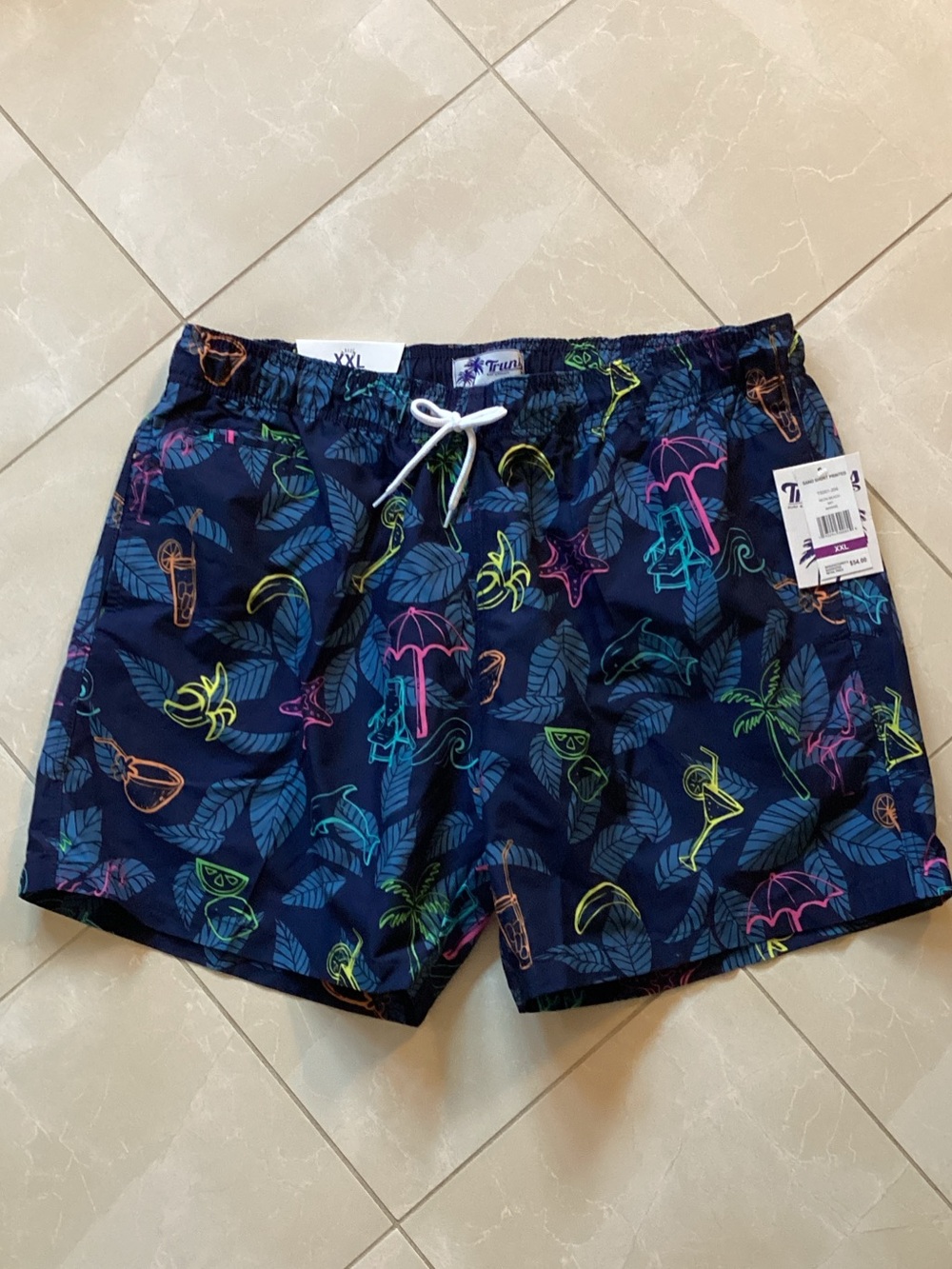 Men's Navy Tropical Print Swim Trunks - Neon Accent